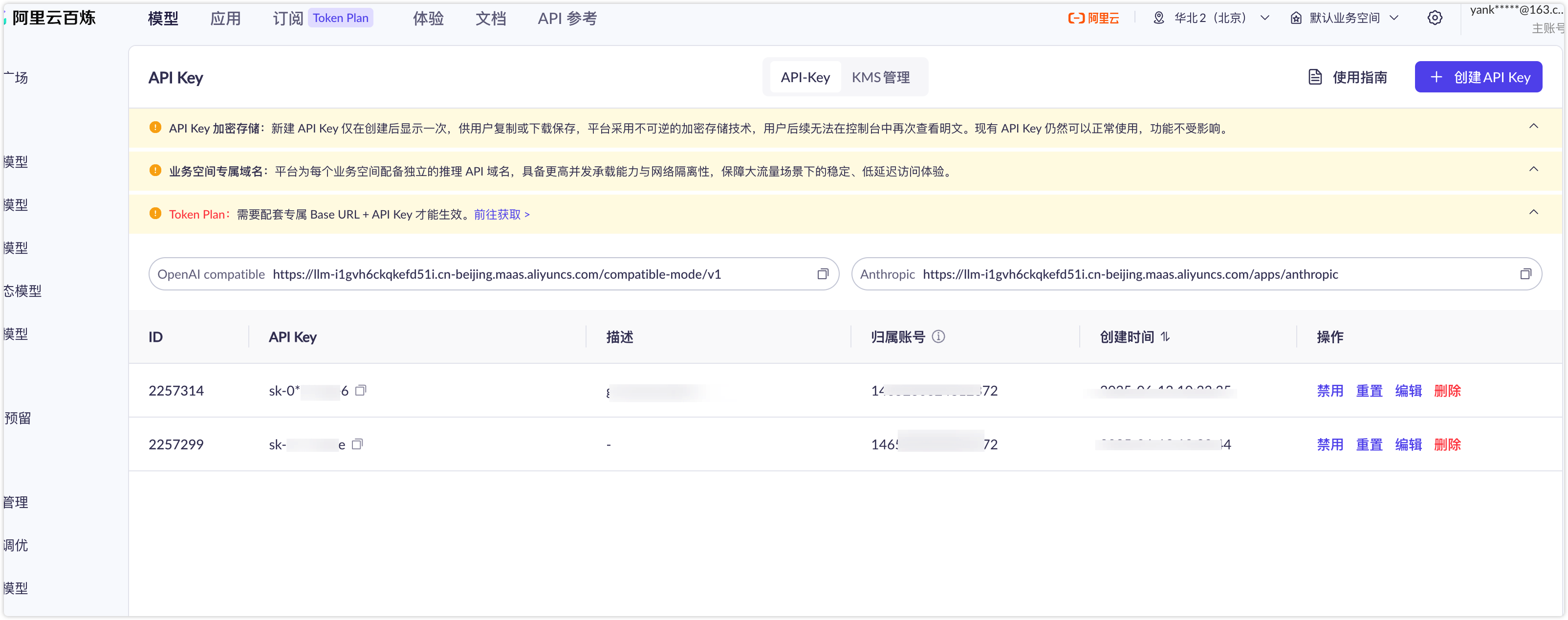 Bailian console API Key page