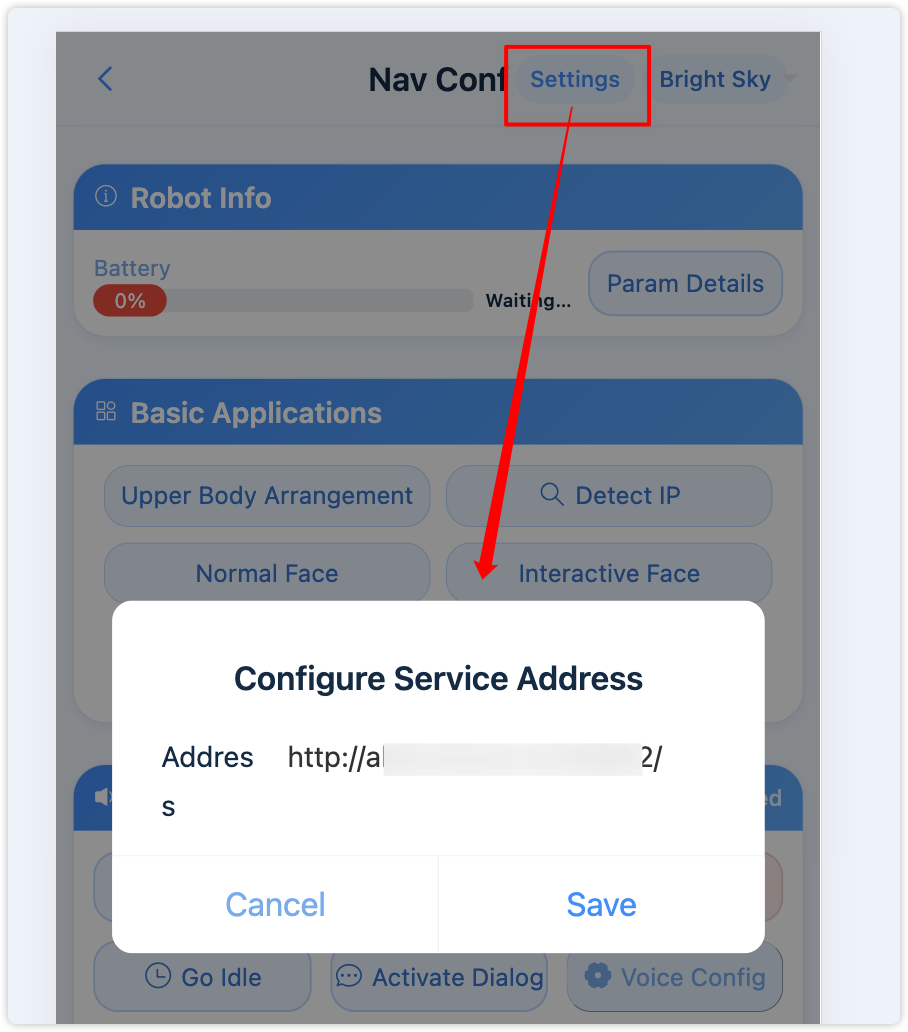 Settings dialog for service address and activation code