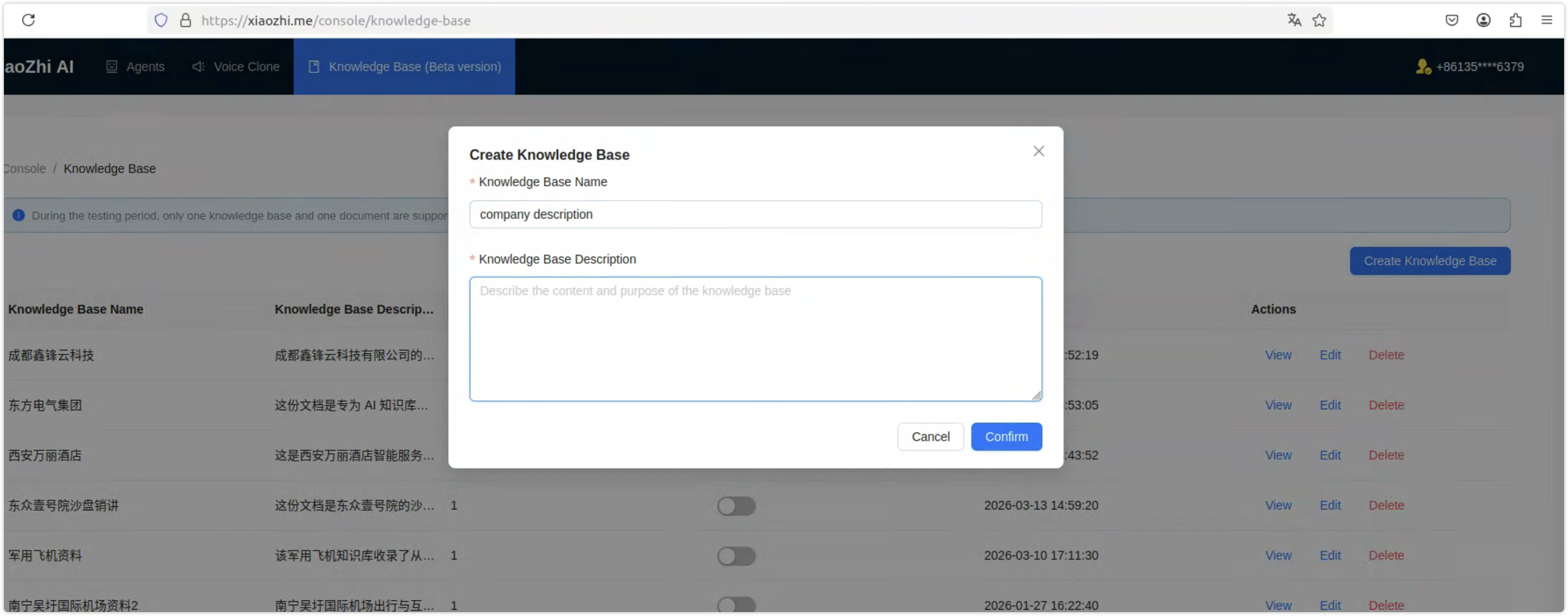 New knowledge base dialog