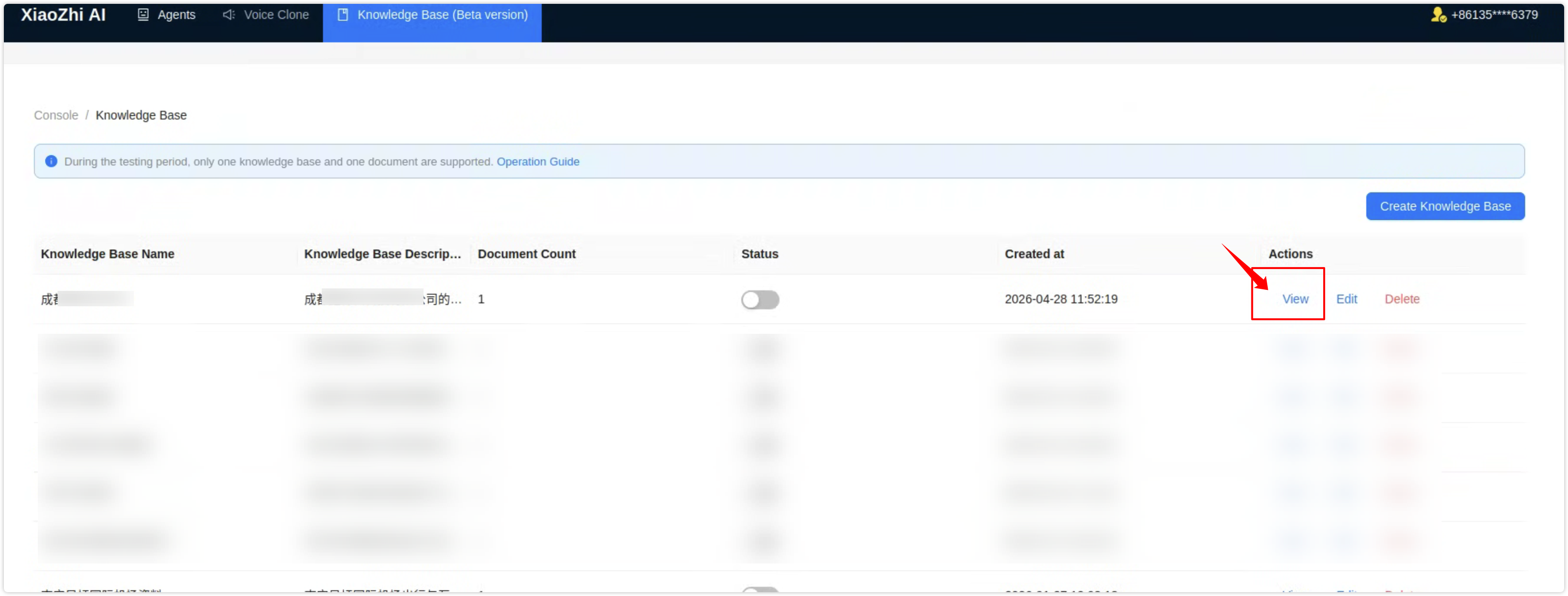 Knowledge base list - View button