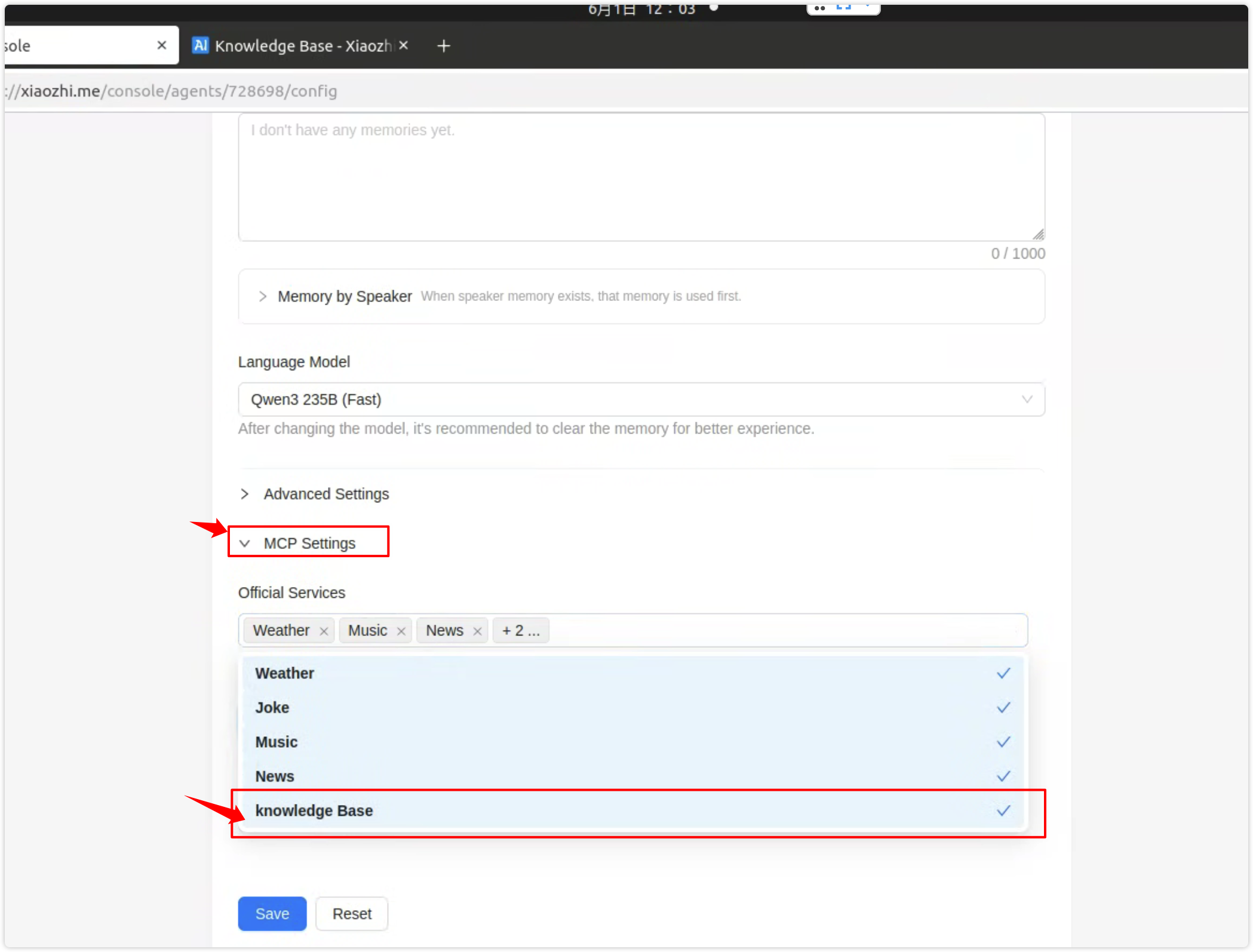 MCP settings - enable knowledge base