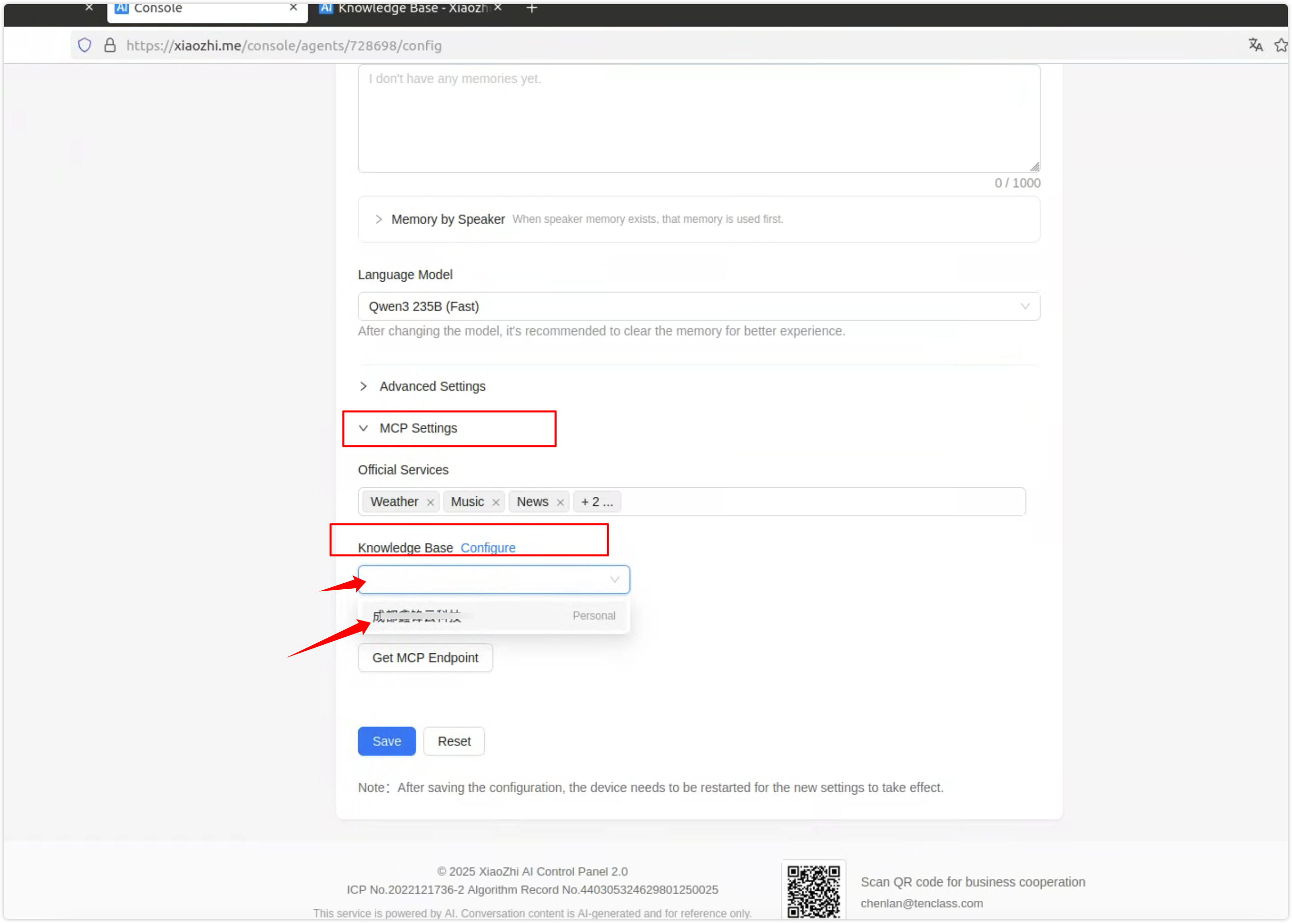 Knowledge base config - select and save